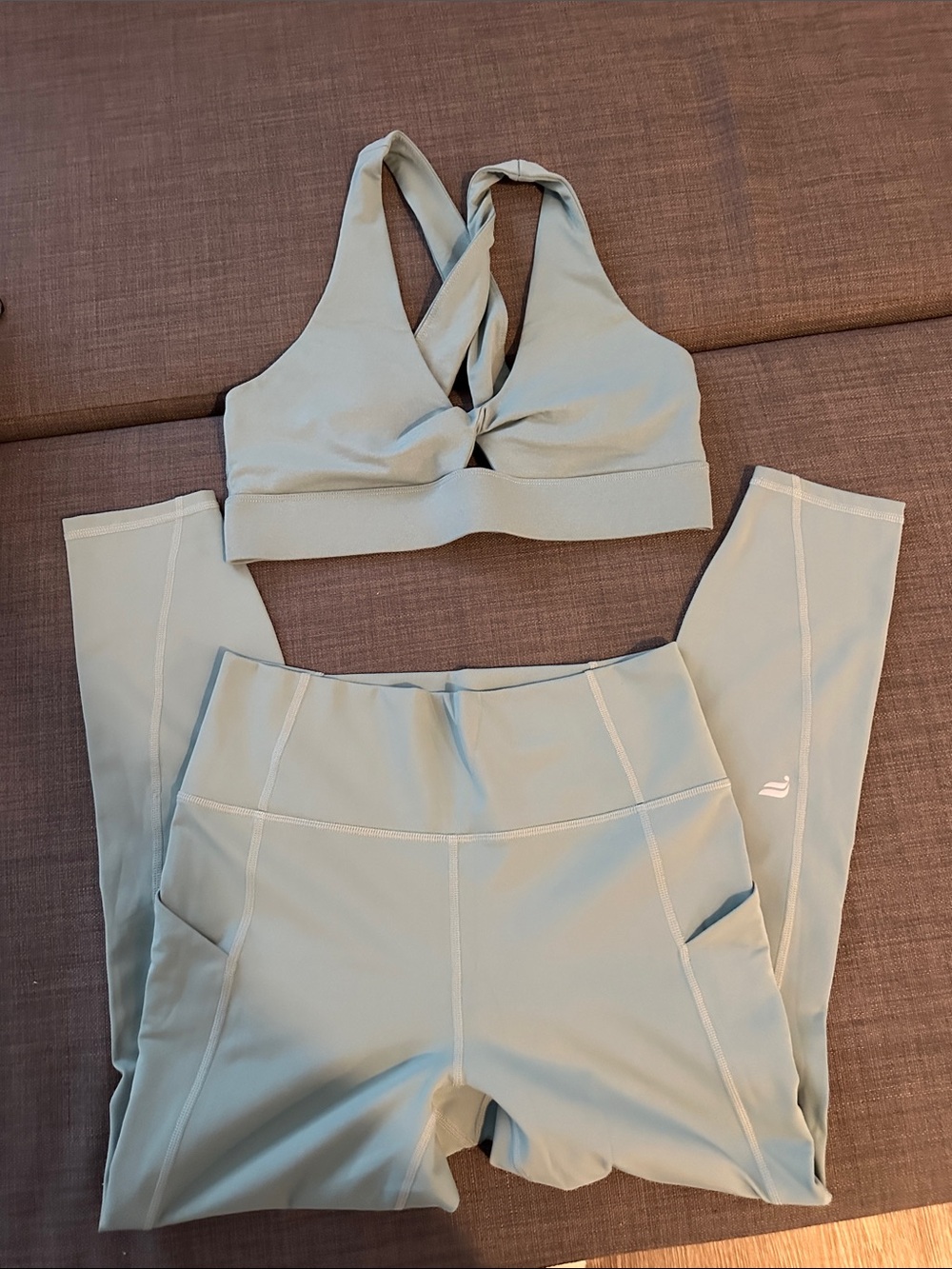 Fabletics Light Sage Green Crisscross Sports Bra & Leggings Set